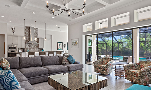 Remodeled living room and kitchen with beautiful marble floors