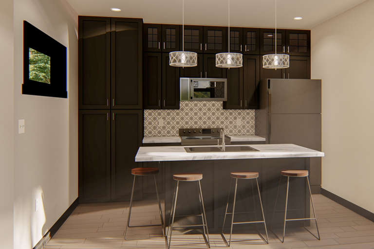 Modern kitchen in a small home with custom cabinets and granite countertops.