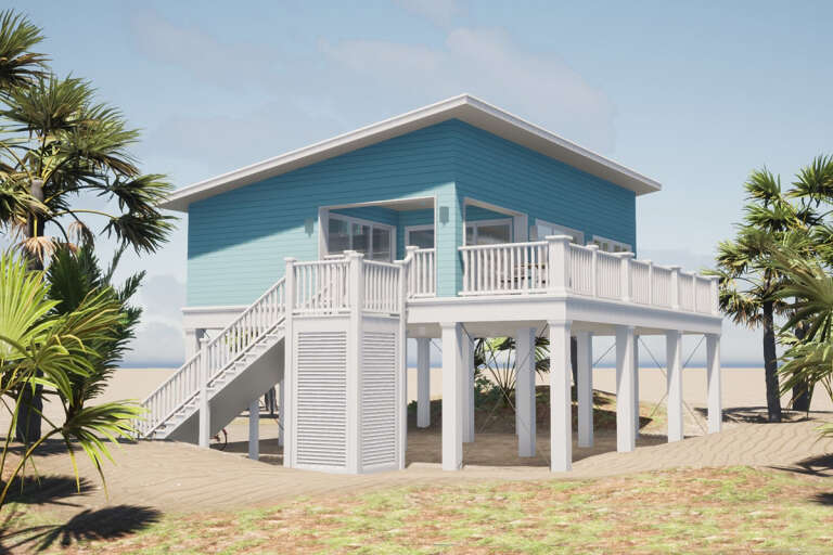 Beautiful blue and white beachside small home on stilts.